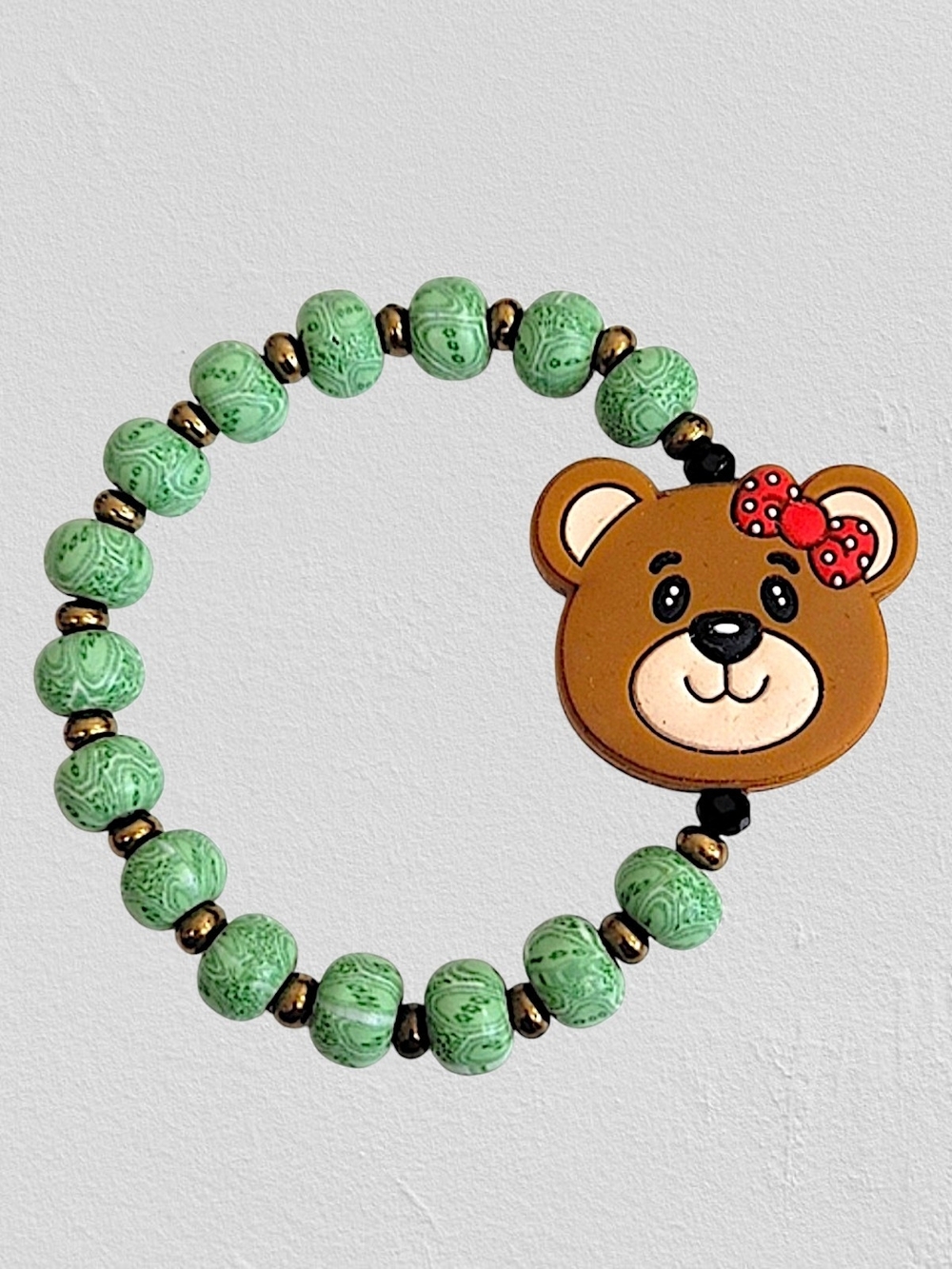 Hand Crafted Bear Kids Bracelet - Green and Brown Clay Beads Stretch Approx 6.5"